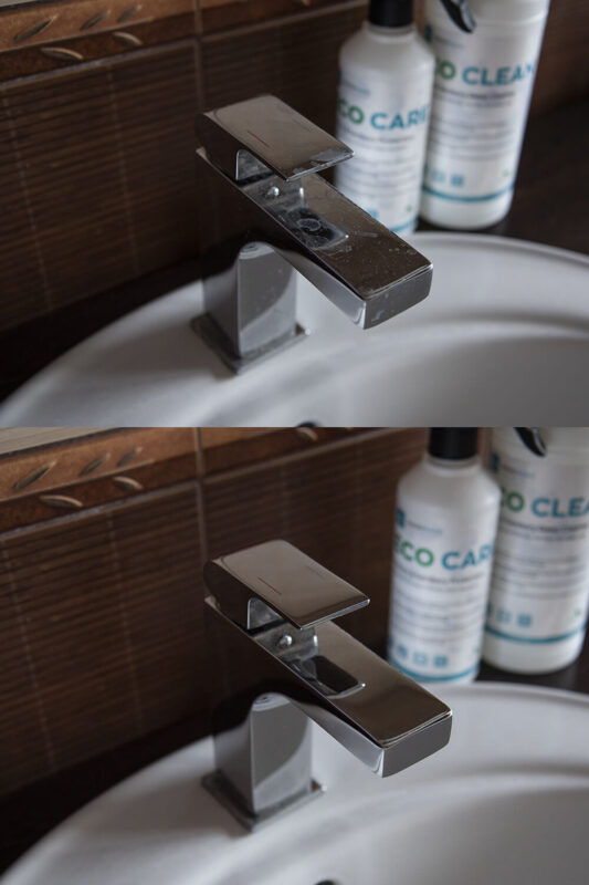 Üldpuhastusvahend EcoClean sanitaar- ja sisepindadele, 1L Enne ja pärast EcoCleaniga puhastamist ja EcoCare kaitset